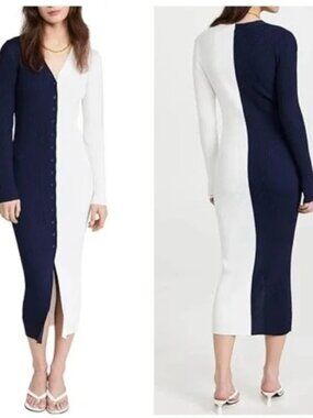 STAUD Shoko Sweater Midi Ribbed Long Sleeve Navy White Dress Medium